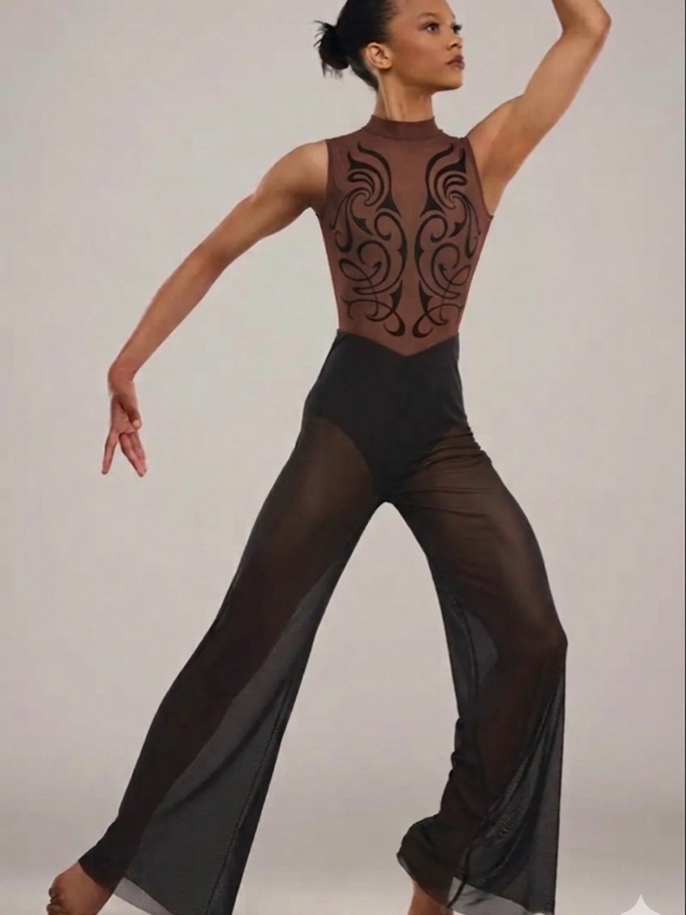 Weissman | Royals Brown and Black Sheer Dance Jumpsuit with Swirl Detail, SA